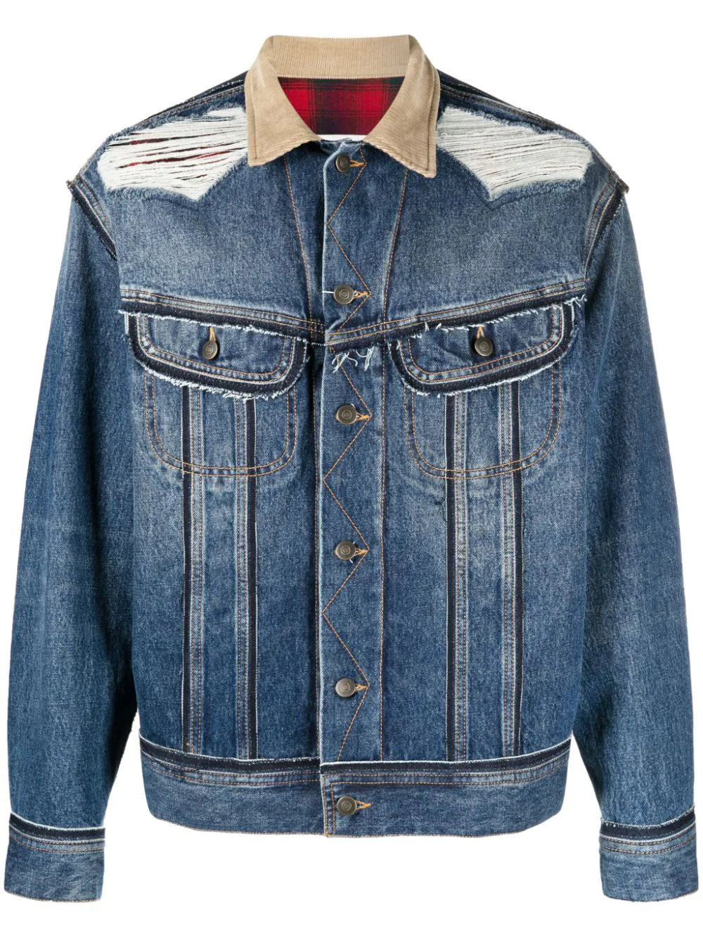 Slim - fit leather men jackets with a distressed finish for a rugged lookRipped-Detailing Denim Jacket Slim - fit leather men jackets with a distressed finish for a rugged lookRipped-Detailing Denim Jacket