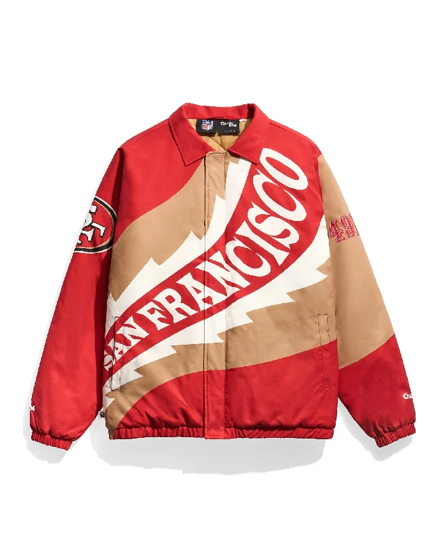 Slim - fit leather men jackets with a distressed finish for a rugged lookSan Francisco 49ers Saw Blade Quilted Puffer Jacket Slim - fit leather men jackets with a distressed finish for a rugged lookSan Francisco 49ers Saw Blade Quilted Puffer Jacket