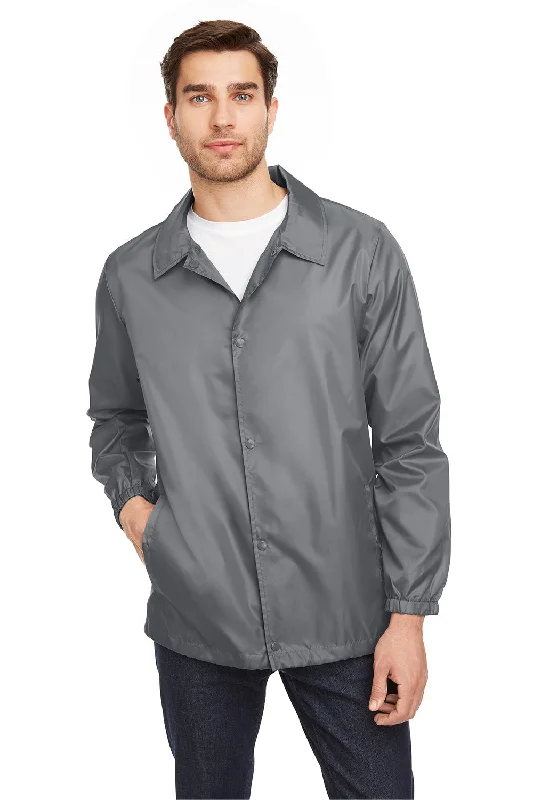 Denim men jackets with embroidered patches for a personalized touchTeam 365 Mens Zone Protect Water Resistant Snap Down Coaches Jacket - Graphite Grey Denim men jackets with embroidered patches for a personalized touchTeam 365 Mens Zone Protect Water Resistant Snap Down Coaches Jacket - Graphite Grey