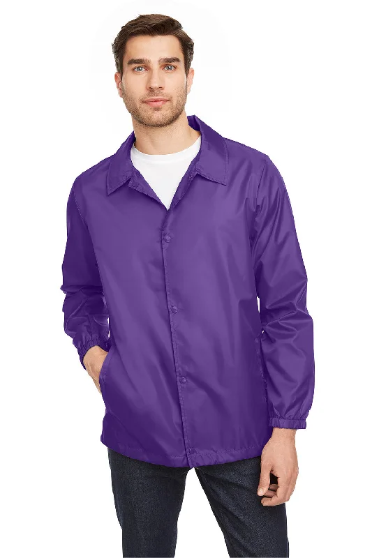 Down - filled men jackets in bright colors for winter fashionTeam 365 Mens Zone Protect Water Resistant Snap Down Coaches Jacket - Purple Down - filled men jackets in bright colors for winter fashionTeam 365 Mens Zone Protect Water Resistant Snap Down Coaches Jacket - Purple