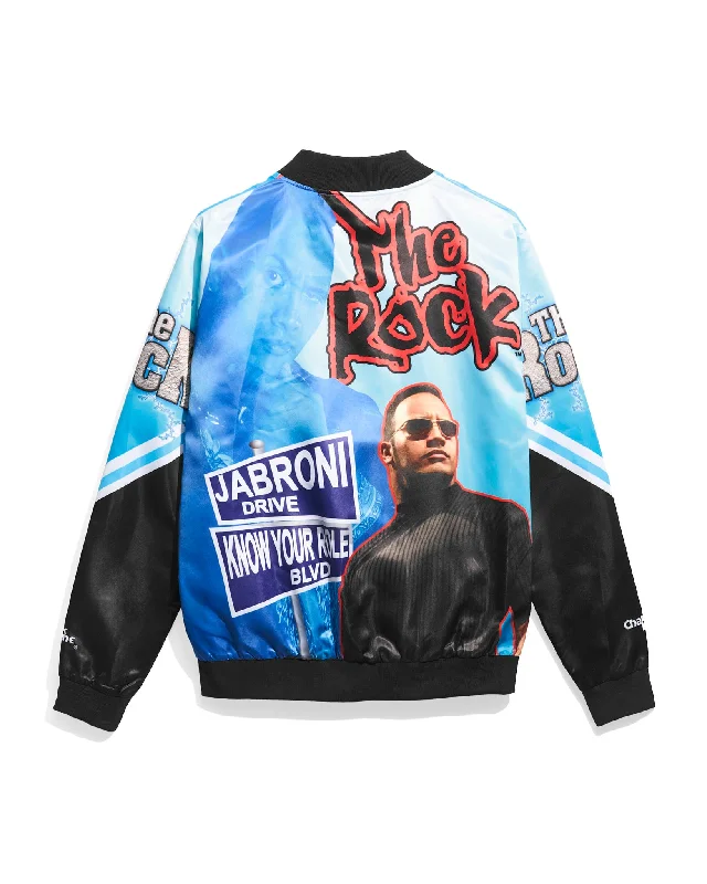 Men jackets with a media - friendly pocket for easy access to gadgetsThe Rock OG Fanimation Satin Jacket Men jackets with a media - friendly pocket for easy access to gadgetsThe Rock OG Fanimation Satin Jacket