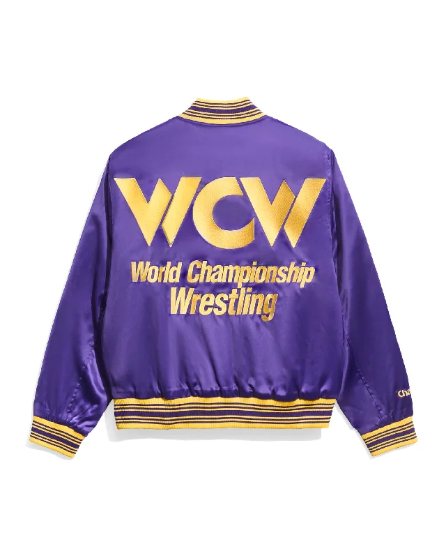 Men jackets with a media - friendly pocket for easy access to gadgetsWCW Purple Quilted Satin Jacket Men jackets with a media - friendly pocket for easy access to gadgetsWCW Purple Quilted Satin Jacket