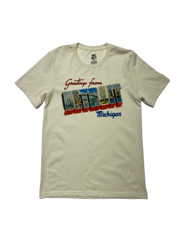 Men's printed Hawaiian t - shirts for tropical vacationsInk Detroit- Vintage Greetings from Detroit T-Shirt - Natural Men's printed Hawaiian t - shirts for tropical vacationsInk Detroit- Vintage Greetings from Detroit T-Shirt - Natural