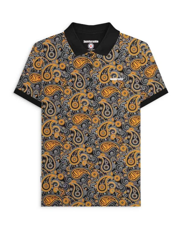 Men's stretchable athletic polo shirts for fitness workoutsLambretta Men's SS0031 Paisley Brand Polo Shirt Black Gold