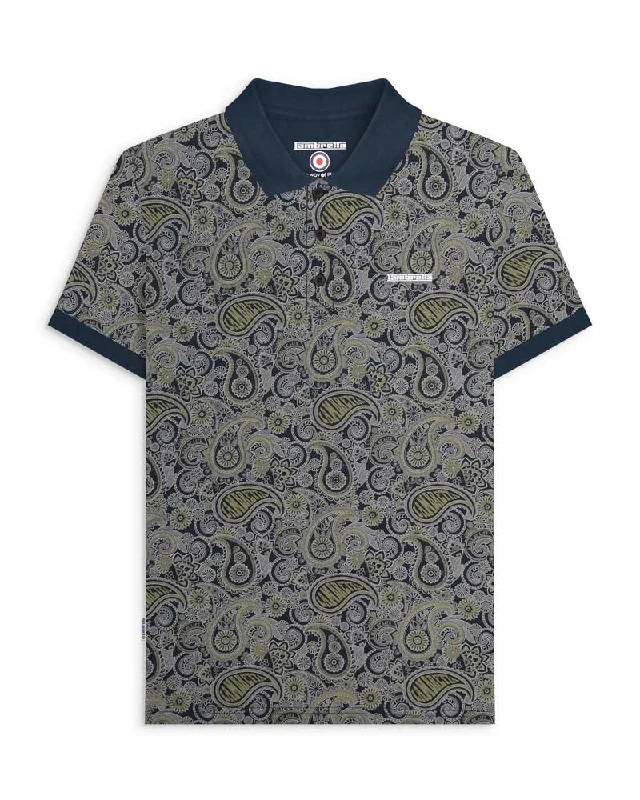 Men's stretchable athletic polo shirts for fitness workoutsLambretta Men's SS0031 Paisley Brand Polo Shirt Navy Grey