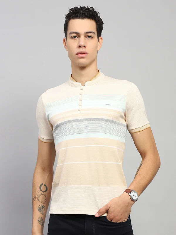 Men's printed Hawaiian t - shirts for tropical vacationsMen Beige Stripe Band Collar Half Sleeve T-Shirt Men's printed Hawaiian t - shirts for tropical vacationsMen Beige Stripe Band Collar Half Sleeve T-Shirt