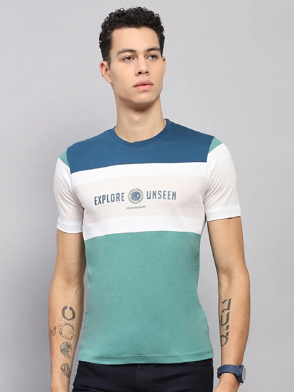 Men's mock - neck t - shirts with a modern and sleek styleMen Blue & Green Stripe Round Neck Half Sleeve T-Shirt Men's mock - neck t - shirts with a modern and sleek styleMen Blue & Green Stripe Round Neck Half Sleeve T-Shirt