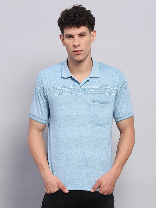 Men's printed Hawaiian t - shirts for tropical vacationsMen Blue Stripe Collar Half Sleeve T-Shirt Men's printed Hawaiian t - shirts for tropical vacationsMen Blue Stripe Collar Half Sleeve T-Shirt