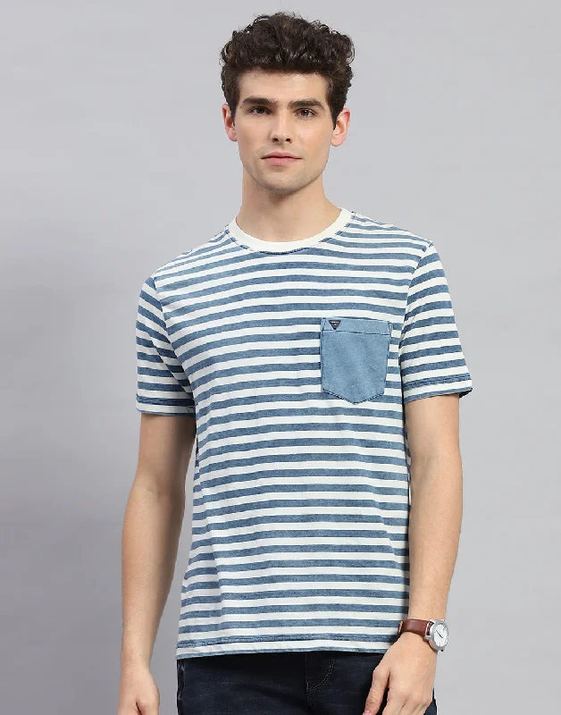 Men's ribbed t - shirts with a textured finish for added styleMen Blue Stripe Round Neck Half Sleeve T-Shirt Men's ribbed t - shirts with a textured finish for added styleMen Blue Stripe Round Neck Half Sleeve T-Shirt