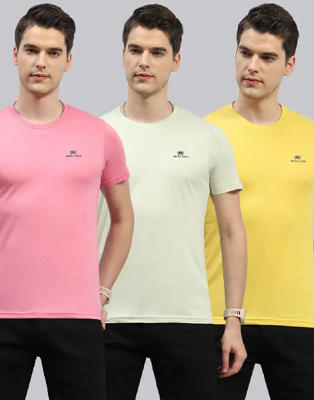 Men's slim - fit graphic t - shirts with vintage rock band printsMen Green, Pink & Yellow Solid Round Neck Half Sleeve T-Shirt (Pack of 3) Men's slim - fit graphic t - shirts with vintage rock band printsMen Green, Pink & Yellow Solid Round Neck Half Sleeve T-Shirt (Pack of 3)