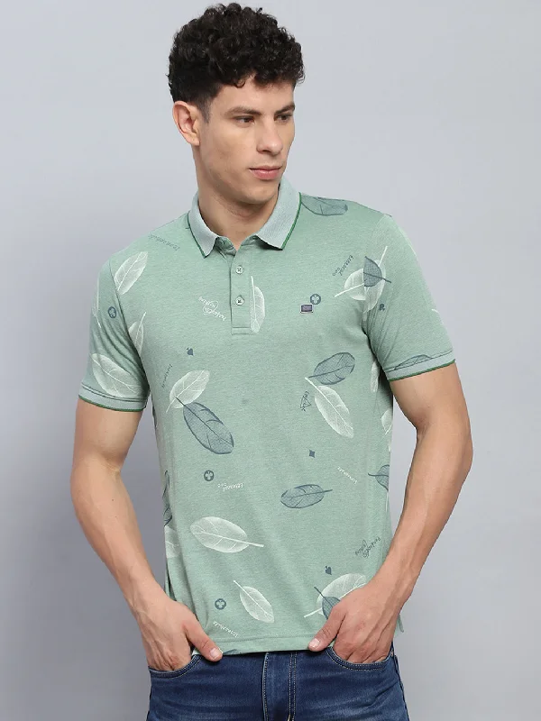 Men's ribbed t - shirts with a textured finish for added styleMen Green Printed Collar Half Sleeve T-Shirt Men's ribbed t - shirts with a textured finish for added styleMen Green Printed Collar Half Sleeve T-Shirt
