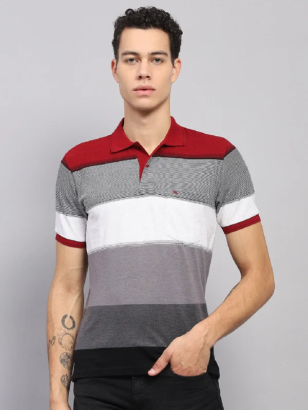 Men's tie - dye t - shirts with a bohemian styleMen Maroon & Grey Stripe Collar Half Sleeve T-Shirt
