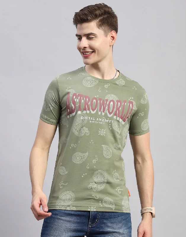 Men's distressed denim - look t - shirts with a rugged appealMen Olive Floral Print Collar Half Sleeve T-Shirt Men's distressed denim - look t - shirts with a rugged appealMen Olive Floral Print Collar Half Sleeve T-Shirt