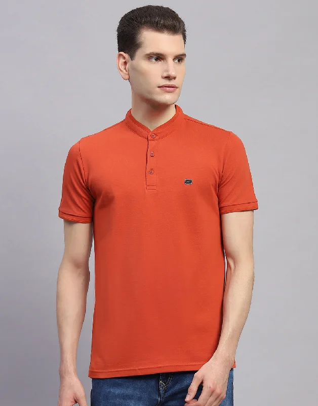 Men's ribbed t - shirts with a textured finish for added styleMen Orange Solid Band Collar Half Sleeve T-Shirt Men's ribbed t - shirts with a textured finish for added styleMen Orange Solid Band Collar Half Sleeve T-Shirt