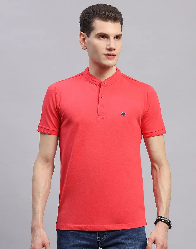 Men's lightweight performance t - shirts for running marathonsMen Pink Solid Band Collar Half Sleeve T-Shirt Men's lightweight performance t - shirts for running marathonsMen Pink Solid Band Collar Half Sleeve T-Shirt