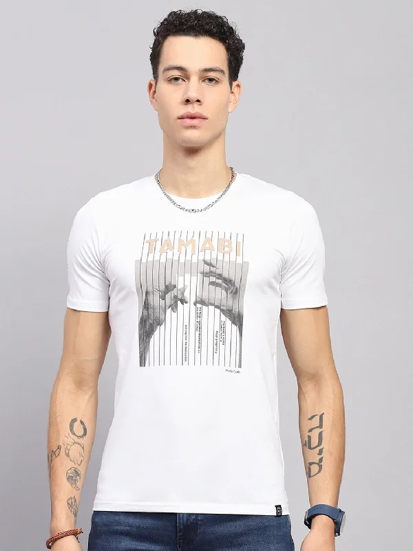 Men's button - front t - shirts with a unique artistic printMen White Printed Round Neck Half Sleeve T-Shirt Men's button - front t - shirts with a unique artistic printMen White Printed Round Neck Half Sleeve T-Shirt