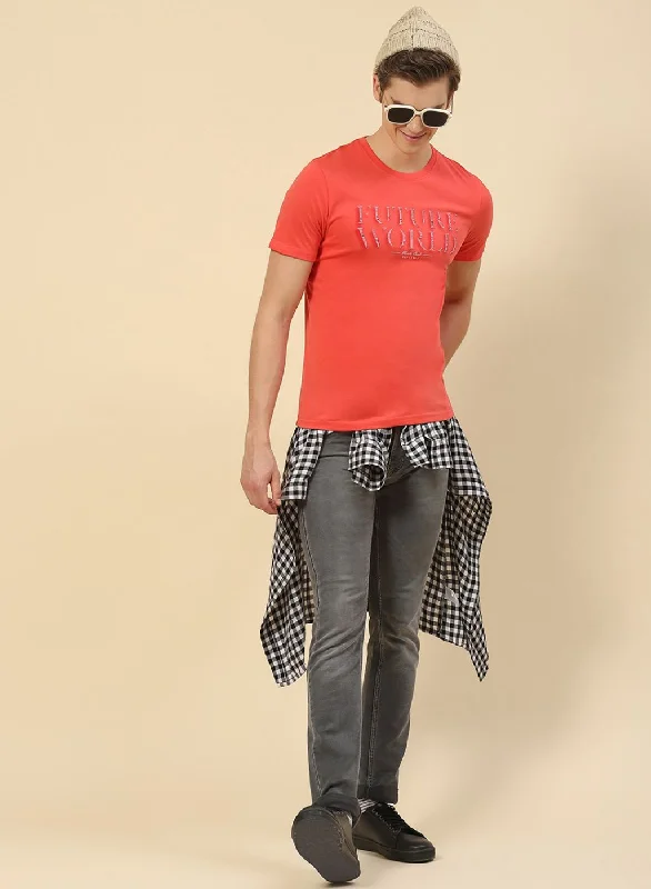 Men's smart - casual checkered t - shirts for semi - formal occasionsMen Peach Printed T-Shirt Men's smart - casual checkered t - shirts for semi - formal occasionsMen Peach Printed T-Shirt