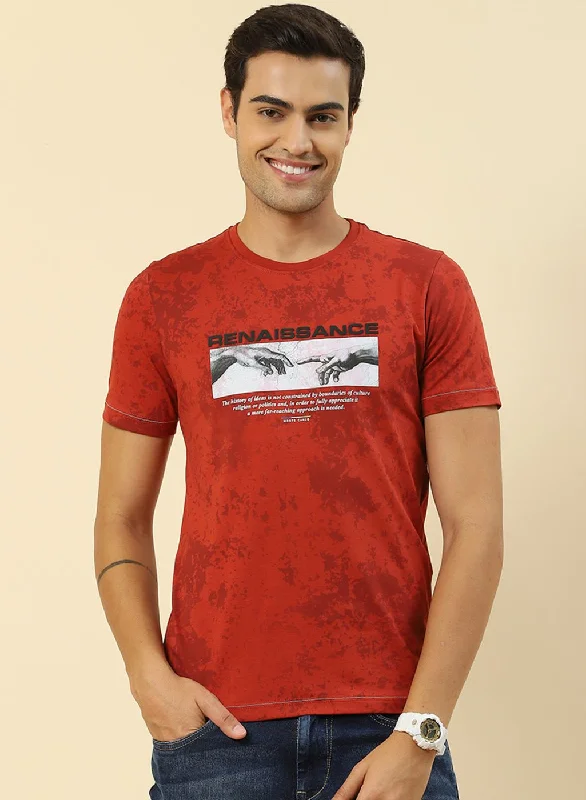 Men's short - sleeve linen t - shirts for summer beach outingsMen Rust Orange Printed T-Shirt Men's short - sleeve linen t - shirts for summer beach outingsMen Rust Orange Printed T-Shirt