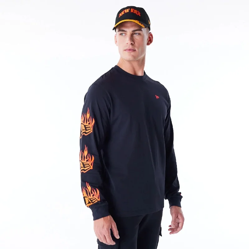 Men's tie - dye t - shirts with a bohemian styleNew Era Flag Flame Black Long Sleeve T-Shirt Men's tie - dye t - shirts with a bohemian styleNew Era Flag Flame Black Long Sleeve T-Shirt