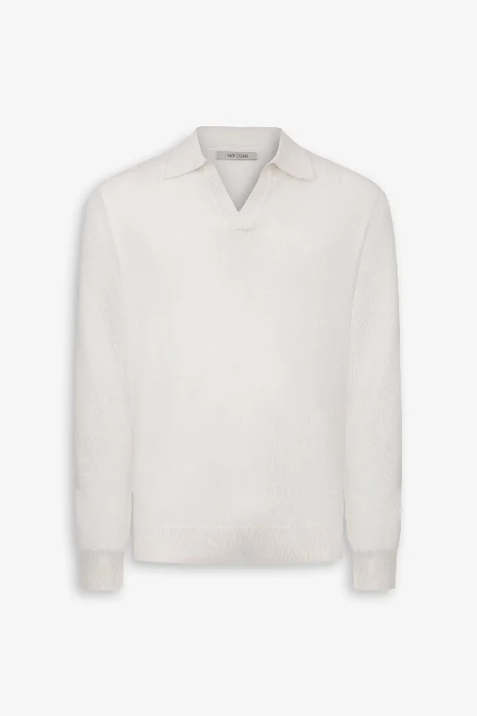 Men's jacquard woven polo shirts with intricate designsPolo in maglia collo aperto panna
