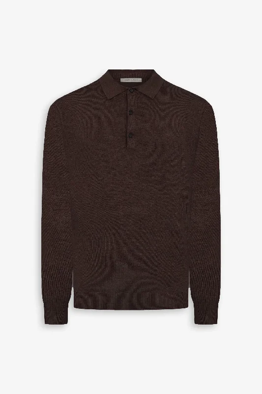 Men's two - tone stripe polo shirts with a preppy stylePolo in maglia con bottoni marrone