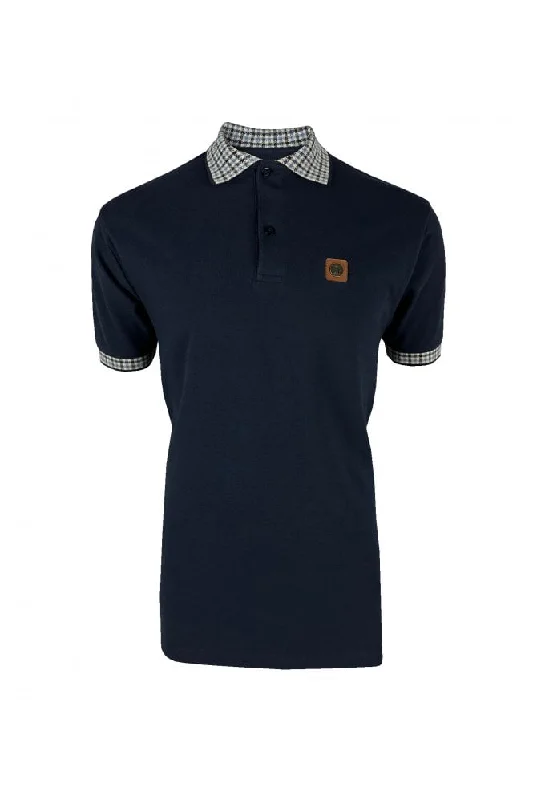 Men's two - tone stripe polo shirts with a preppy styleTrojan Records Men's TR8865 SS Gingham Check Trim Pique Polo Shirt Navy Blue Men's two - tone stripe polo shirts with a preppy styleTrojan Records Men's TR8865 SS Gingham Check Trim Pique Polo Shirt Navy Blue