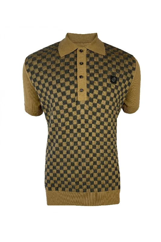 Men's color - block polo shirts with a bold fashion statementTrojan Records Men's TR8911 SS Chequerboard Panel Polo Shirt Camel