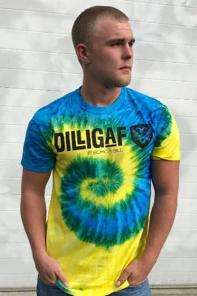 Men's antimicrobial t - shirts for odor - free freshness during travelBlue Yellow Dilligaf Fever Swirl