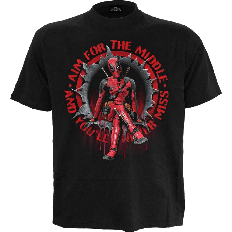Men's short - sleeve linen t - shirts for summer beach outingsDEADPOOL - AIM FOR THE MIDDLE - Front Print T-Shirt Black