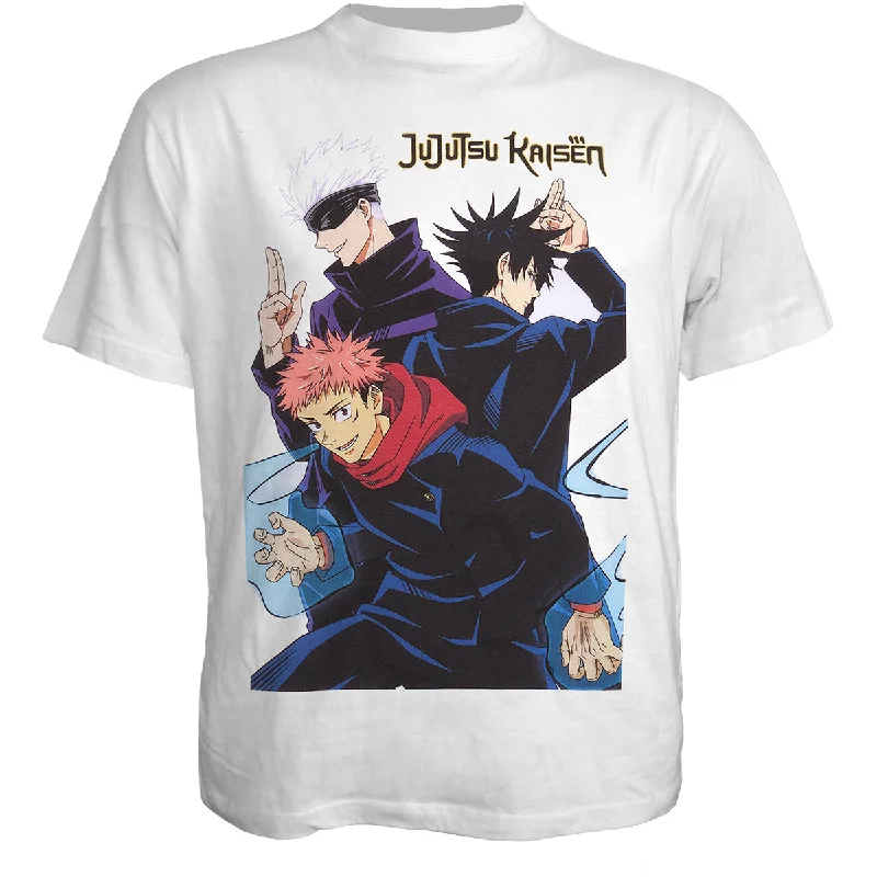 Men's polo t - shirts with a contrast collar for a preppy lookJUJUTSU KAISEN - TRIO - Front Print T-Shirt White