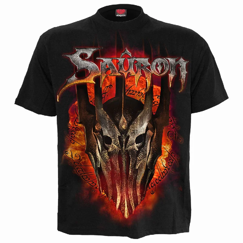 Men's mock - neck t - shirts with a modern and sleek styleLOTR - SAURON - METAL TEE - Front Print T-Shirt Black Men's mock - neck t - shirts with a modern and sleek styleLOTR - SAURON - METAL TEE - Front Print T-Shirt Black