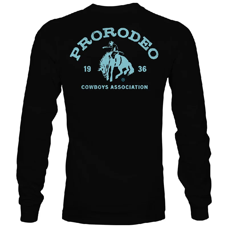 Men's slim - fit graphic t - shirts with vintage rock band prints"PRCA" Long Sleeve T-shirt Black w/Blue Logo Men's slim - fit graphic t - shirts with vintage rock band prints"PRCA" Long Sleeve T-shirt Black w/Blue Logo