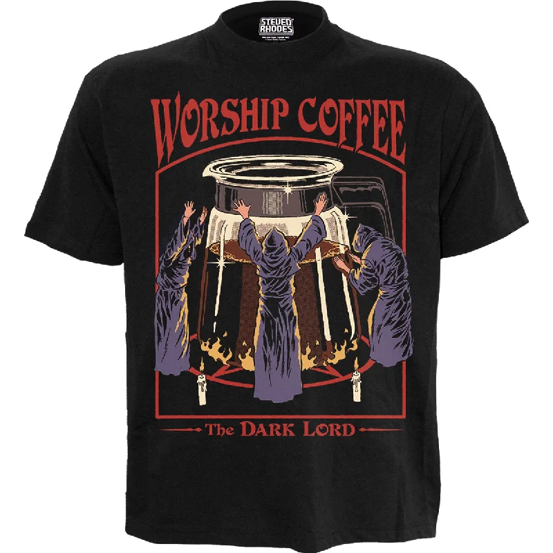 Men's UV - protection t - shirts for outdoor activities in the sunSTEVEN RHODES - WORSHIP COFFEE - Front Print T-Shirt Black Men's UV - protection t - shirts for outdoor activities in the sunSTEVEN RHODES - WORSHIP COFFEE - Front Print T-Shirt Black