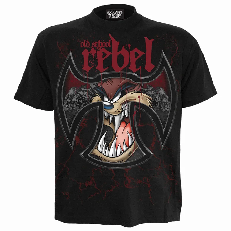 Men's button - front t - shirts with a unique artistic printTAZ - OLD SCHOOL REBEL - Front Print T-Shirt Black Men's button - front t - shirts with a unique artistic printTAZ - OLD SCHOOL REBEL - Front Print T-Shirt Black