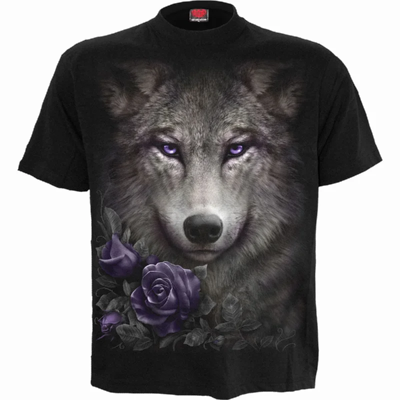 Men's eco - friendly recycled t - shirts for sustainable fashion choicesWOLF ROSES - Front Print T-Shirt Black